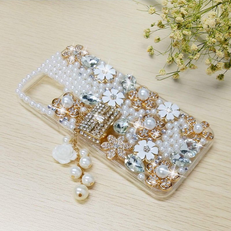 Guppy for iPhone 11 Pro Max Case Women Luxury 3D Bling Shiny Rhinestone Diamond Crystal Pearl Handmade Pendant Handbag Flowers Soft Protective Anti-Fall Case for iPhone 11 Pro Max - Image 4